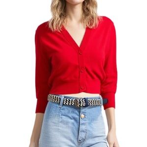 Urban Coco V-Neck Cropped Button Cardigan Sweater in Vibrant Red Size M